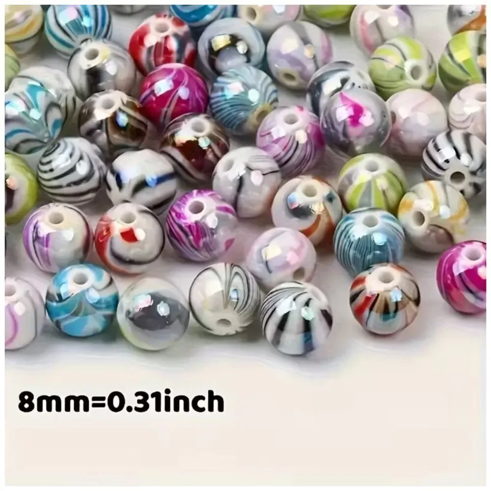 200 Multi-Colored Acrylic Beads Wood Grain Surface High Gloss Multi-Color 8mm